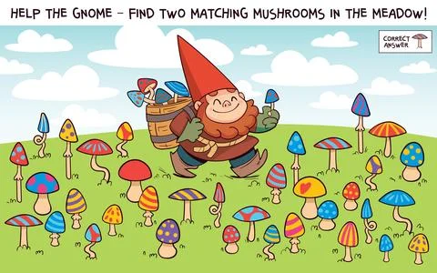 Spot the matching mushrooms. Hidden objects. Fun logic puzzle for kids Stock Illustration