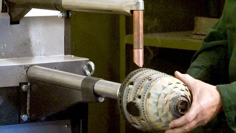 Spot welding of casing of combustion chamber of  aircraft jet engine. Stock Footage 113693105