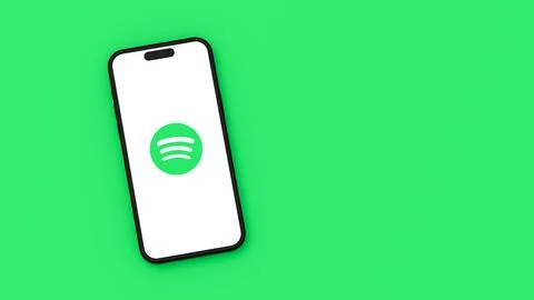Spotify Logo on Mobile Phone Screen on Flat Green Background with Copy Space  Stock Illustration