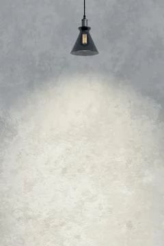 Spotlight lamp hanging from ceiling illuminating on empty loft cement wall .. Stock Illustration