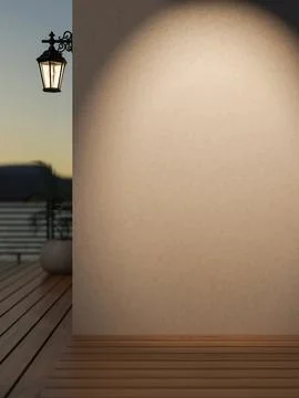 Spotlight lamp shining on empty white wall over wooden parquet floor at bal.. Ilustración de archivo