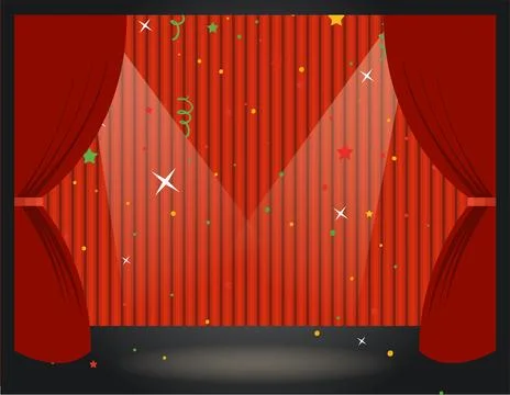 Spotlight on Red Stage Curtains with Falling Confetti Stock-Illustration