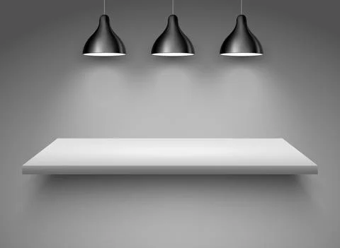 Spotlight shelf on wall background vector design. Light gallery spot empty room Stock Illustration