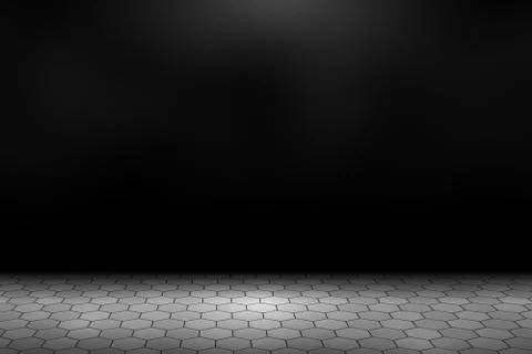 Spotlight shining down on gray concrete hexagonal paver blocks in dark road w Stock Illustration