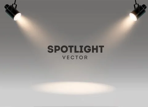 Spotlights with bright white light shining stage vector set. Illuminated effect Stock Illustration