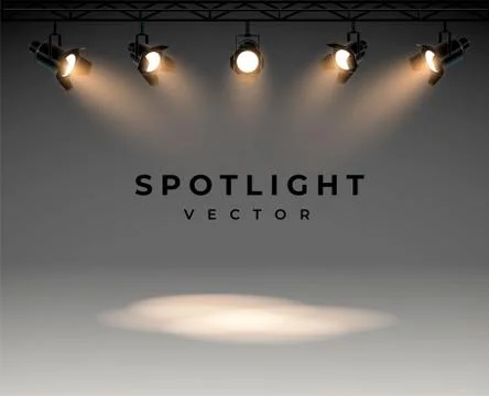 Spotlights with bright white light shining stage vector set. Illuminated effect Stock Illustration