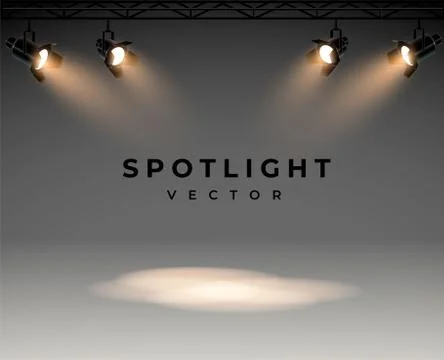 Spotlights with bright white light shining stage vector set. Illuminated effect Illustrazione stock