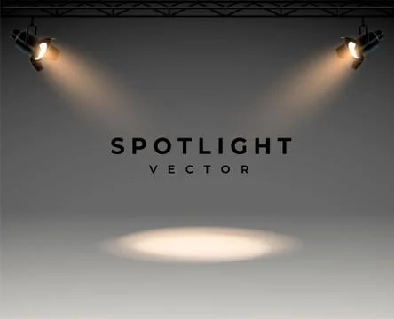 Spotlights with bright white light shining stage vector set. Illuminated effect Illustrazione stock