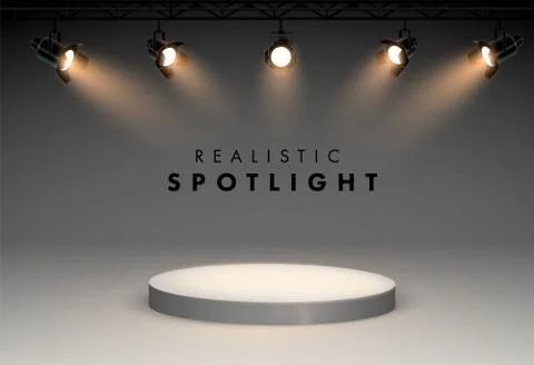 Spotlights with bright white light shining stage vector set. Illuminated effect Stock Illustration