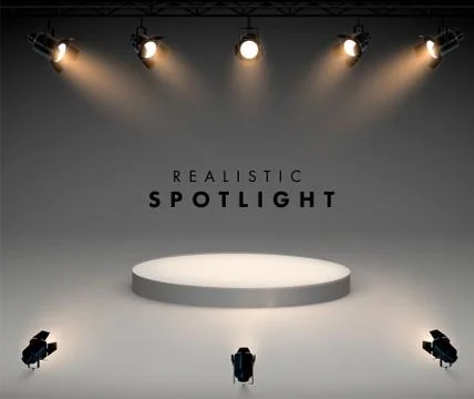Spotlights with bright white light shining stage vector set. Illuminated effect Illustrazione stock