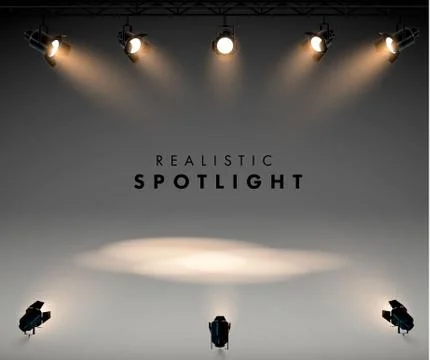 Spotlights with bright white light shining stage vector set. Illuminated effect Stock Illustration