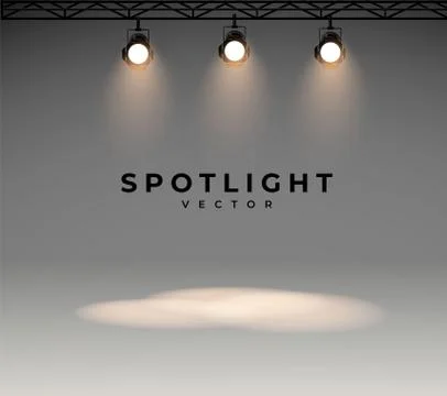 Spotlights with bright white light shining stage vector set. Illuminated effect Stock Illustration