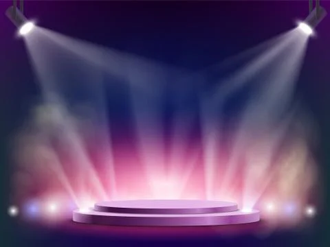 Spotlights illuminates a round stage. Disco night club background. Stock Illustration