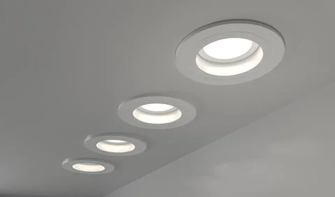 Spotlights recessed ceiling 3D render. Realistic interior room with round Stock Illustration