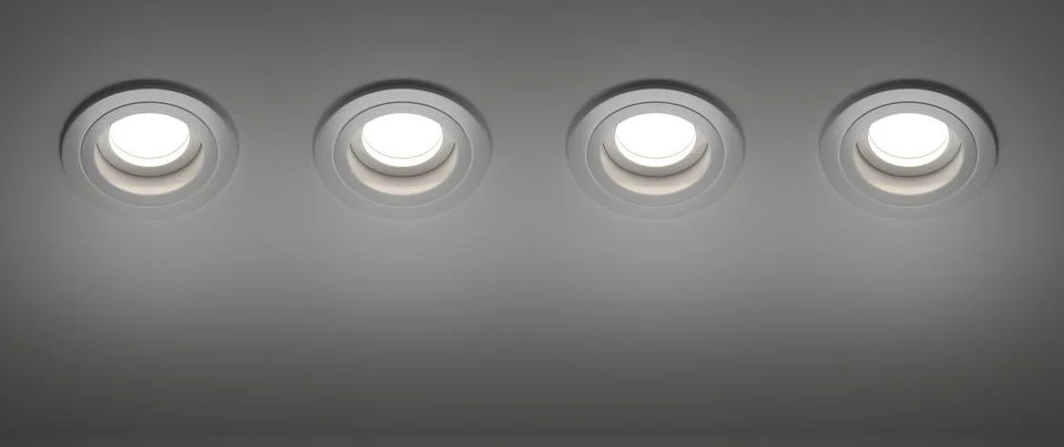 Spotlights recessed ceiling 3D render set. Realistic mockup of round glowing Illustrazione stock