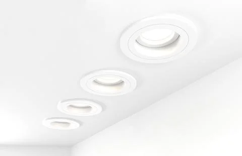 Spotlights recessed ceiling 3D render. Realistic interior room with round Illustrazione stock