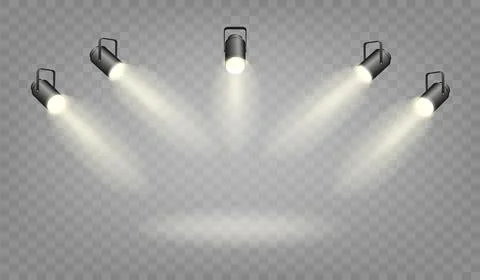 Spotlights set, stage and studio light, realistic hanging lamps. Spot lights and Stock Illustration
