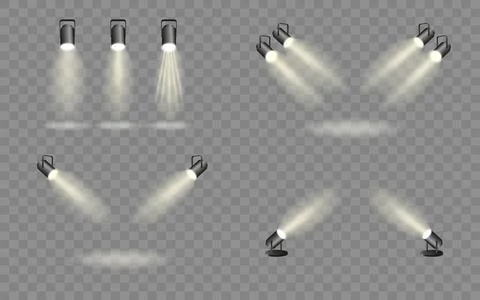 Spotlights set, stage and studio light, realistic hanging lamps. Spot lights and Stock Illustration