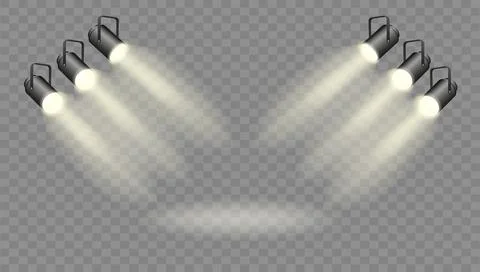 Spotlights set, stage and studio light, realistic hanging lamps. Spot lights and Stock Illustration