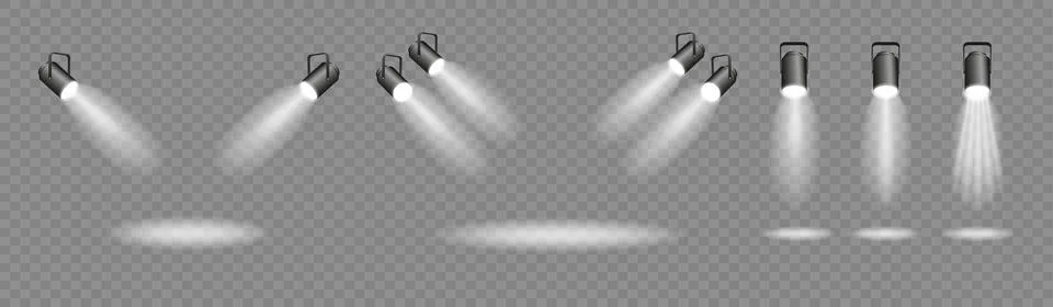 Spotlights set, stage and studio light, realistic hanging lamps. Spot lights and Stock Illustration
