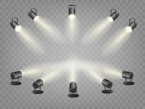 Spotlights set, stage and studio light, realistic hanging lamps. Spot lights and Stock Illustration