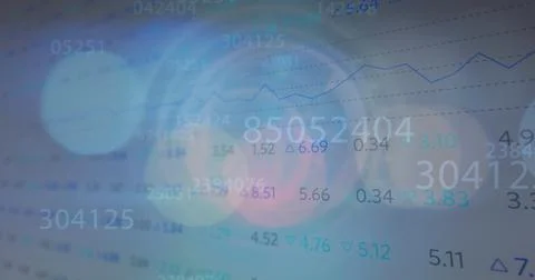 Spots of light and multiple changing numbers against stock market data Illustrazione stock