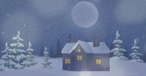 Spots of light and snow falling over winter landscape with copy space Ilustração Stock