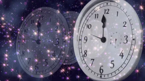 Spots of lights and fireworks exploding over ticking clock against blue 库存影片 162932991