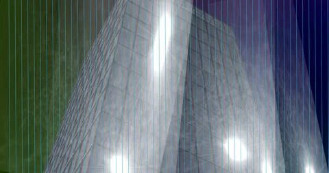 Spots of lights over two tall building models against blue background Ilustración de archivo