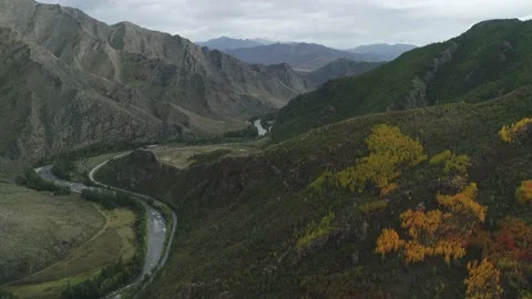 Spots of yellow trees in mountains in early autumn Stock Footage 142078662