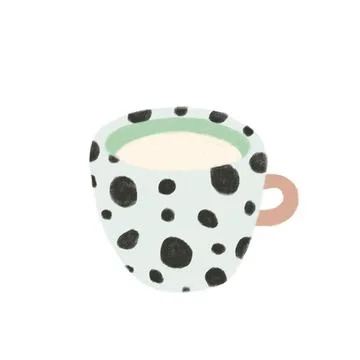 Spotted ceramic mug with warm milk, textured hand drawn pastel illustration Illustrazione stock