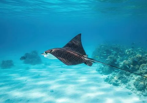 Spotted eagle ray swims gracefully over coral reef in clear turquoise ocean Stock Photos