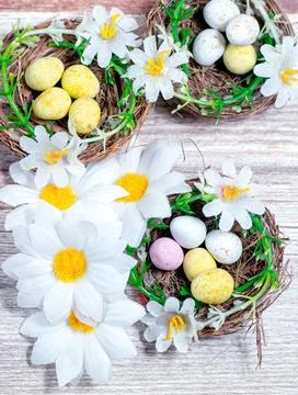 Spotted Easter eggs in bird nests on a wooden background. Stock Photos