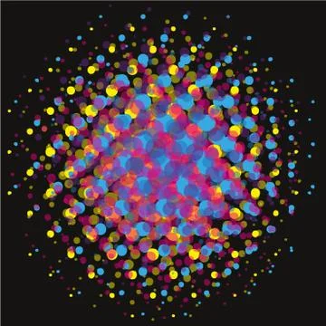 Spotted flash halftone vector circle colorful background on black Stock Illustration