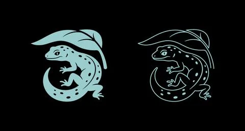 Spotted gecko lizard under a leaf icon set with black background Stock Illustration