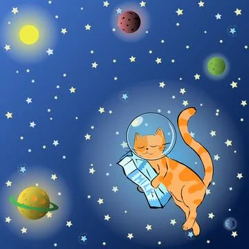 A spotted ginger red cat with milk flies in space among the planets. Stock Illustration