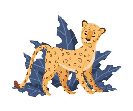 Spotted Leopard Stop Dead Looking Ahead Near Tropical Leaves Vector Illustration Stock Illustration