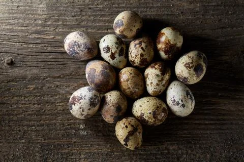 Spotted quail eggs arranged on the background of old wooden boards, with copy Stock Photos