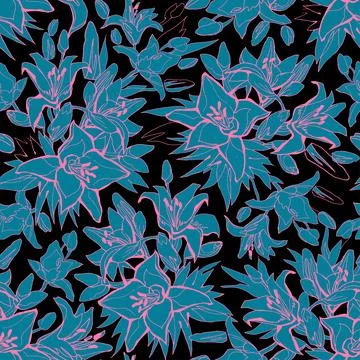 Spotted seamless pattern with blue silhouettes of lily flowers on black. Stock Illustration