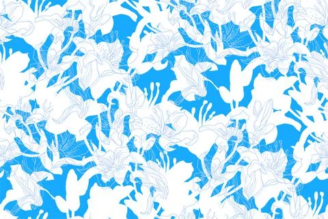 Spotted seamless pattern with white silhouettes of lily flowers, buds and leaves Stock Illustration