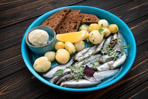 Sprat Plate with Potatoes Bread Stock Photos