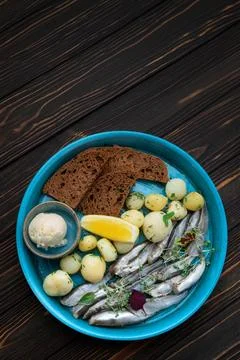 Sprat Plate with Potatoes Bread Stock Photos