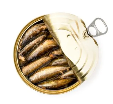 Sprats fish in an open tin on a white. The form of the top. Stock Photos