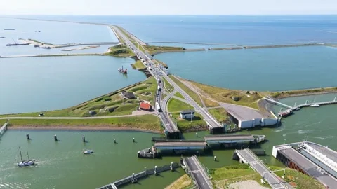 Sprawling engineering defines lorentzsluizen causeway stretches horizon Stock Footage 327941915
