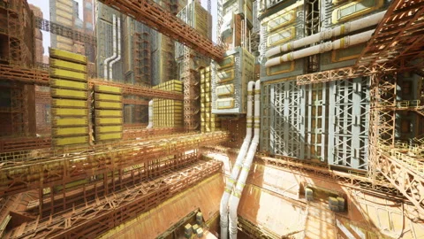 Sprawling industrial network featuring light beams and layered cargo Stock Footage 340658127