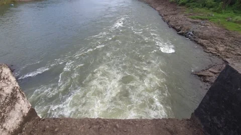 A sprawling river valley from a concrete bridge walkway Stock Footage 342477344