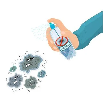 Spray aimed at mold in man hand isolated on white background. Mold spray. Illustrazione stock
