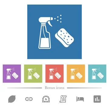 Spray bottle and sponge flat white icons in square backgrounds Stock Illustration