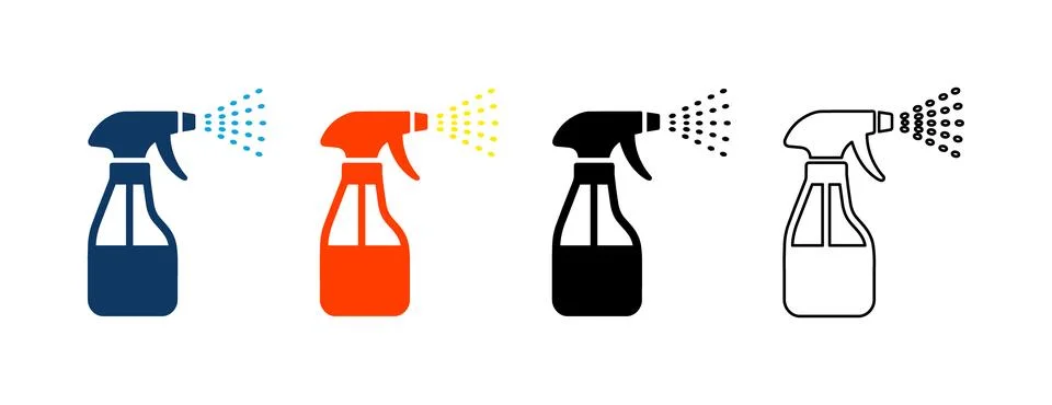 Spray bottle flat icon set. Featuring trigger sprayers in blue, orange, bla.. Stock Illustration