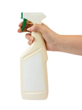 Spray bottle in hand Stock Photos